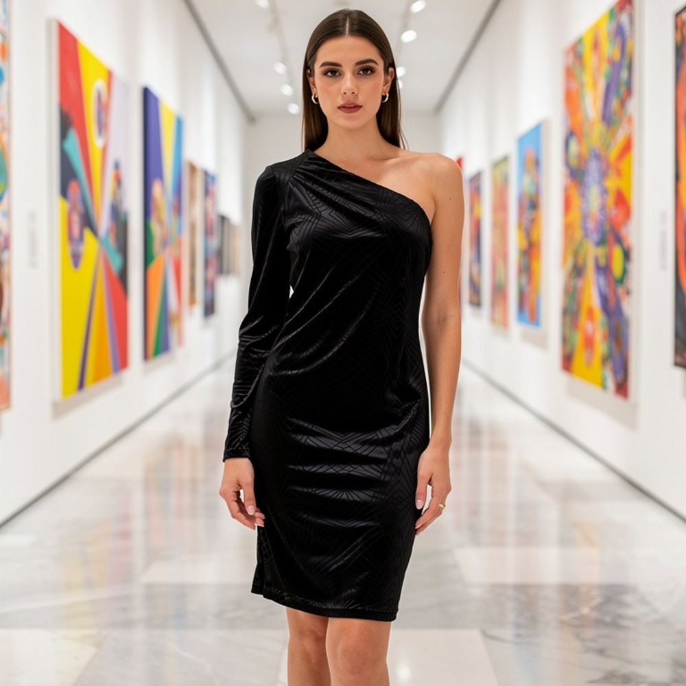 NWT Calvin Klein Black One-Shoulder Velvet Burnout Cocktail Dress Sz 2